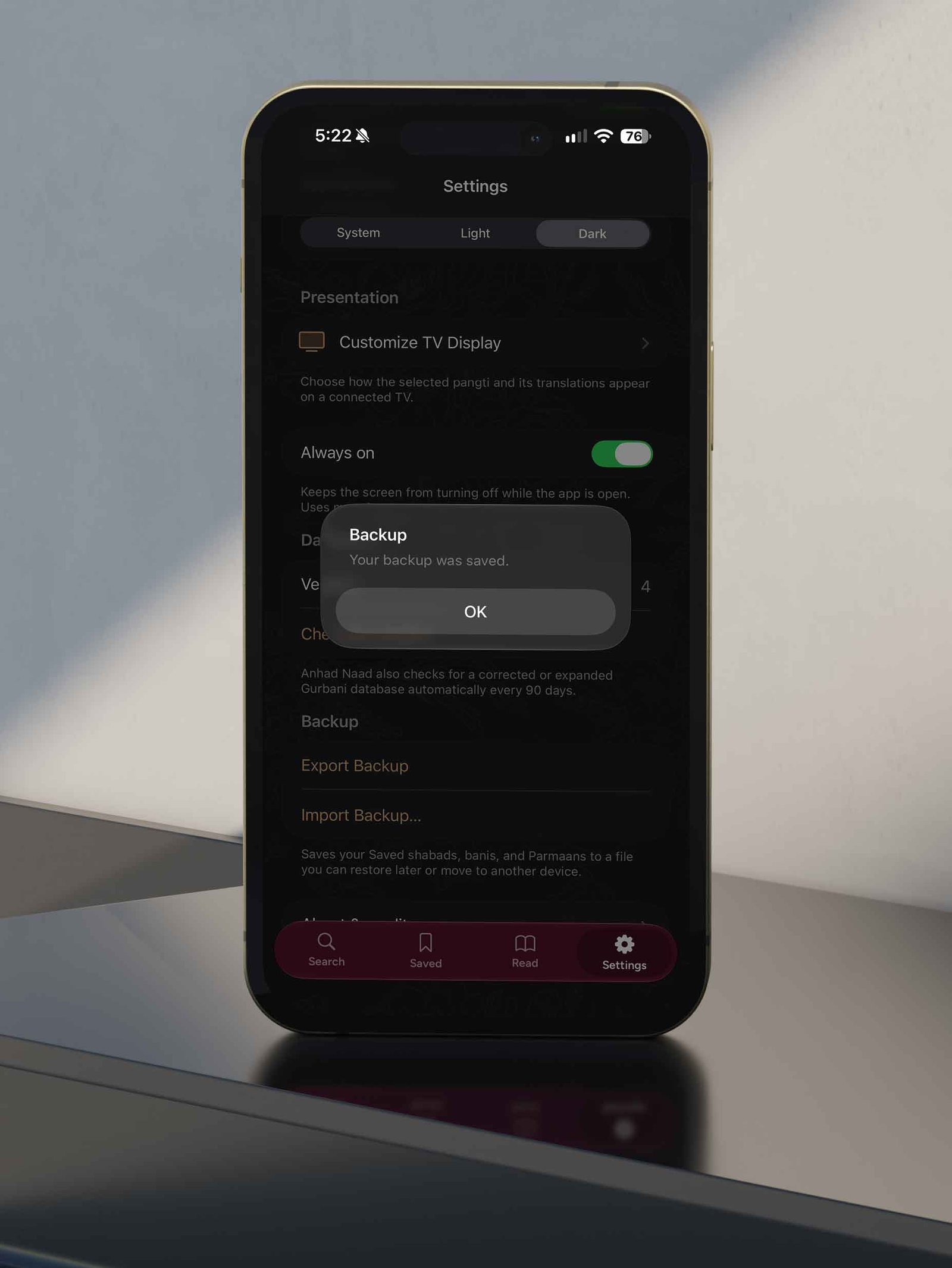 Backup saved confirmation in Anhad Naad settings on iPhone