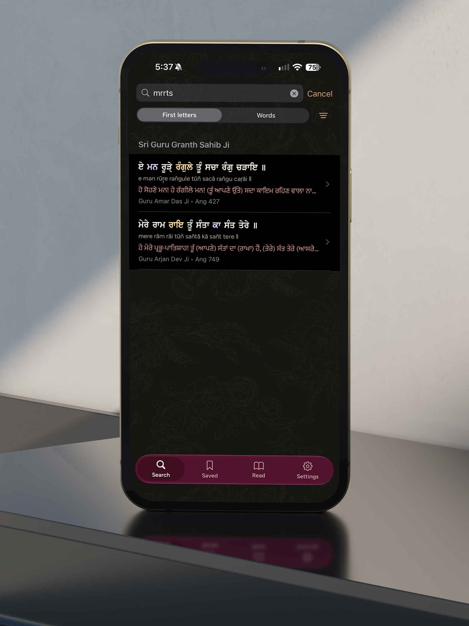 Searching Gurbani by first letters on iPhone